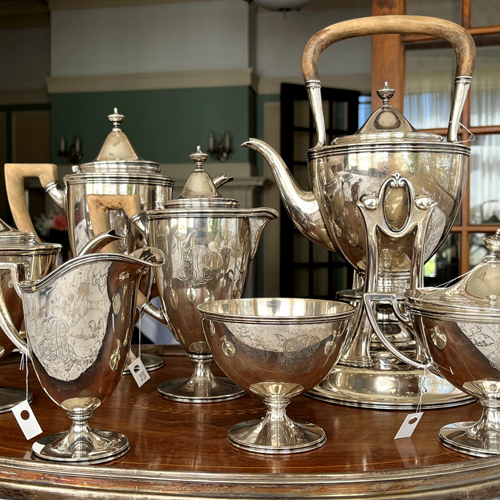 Silver tea service on a tray